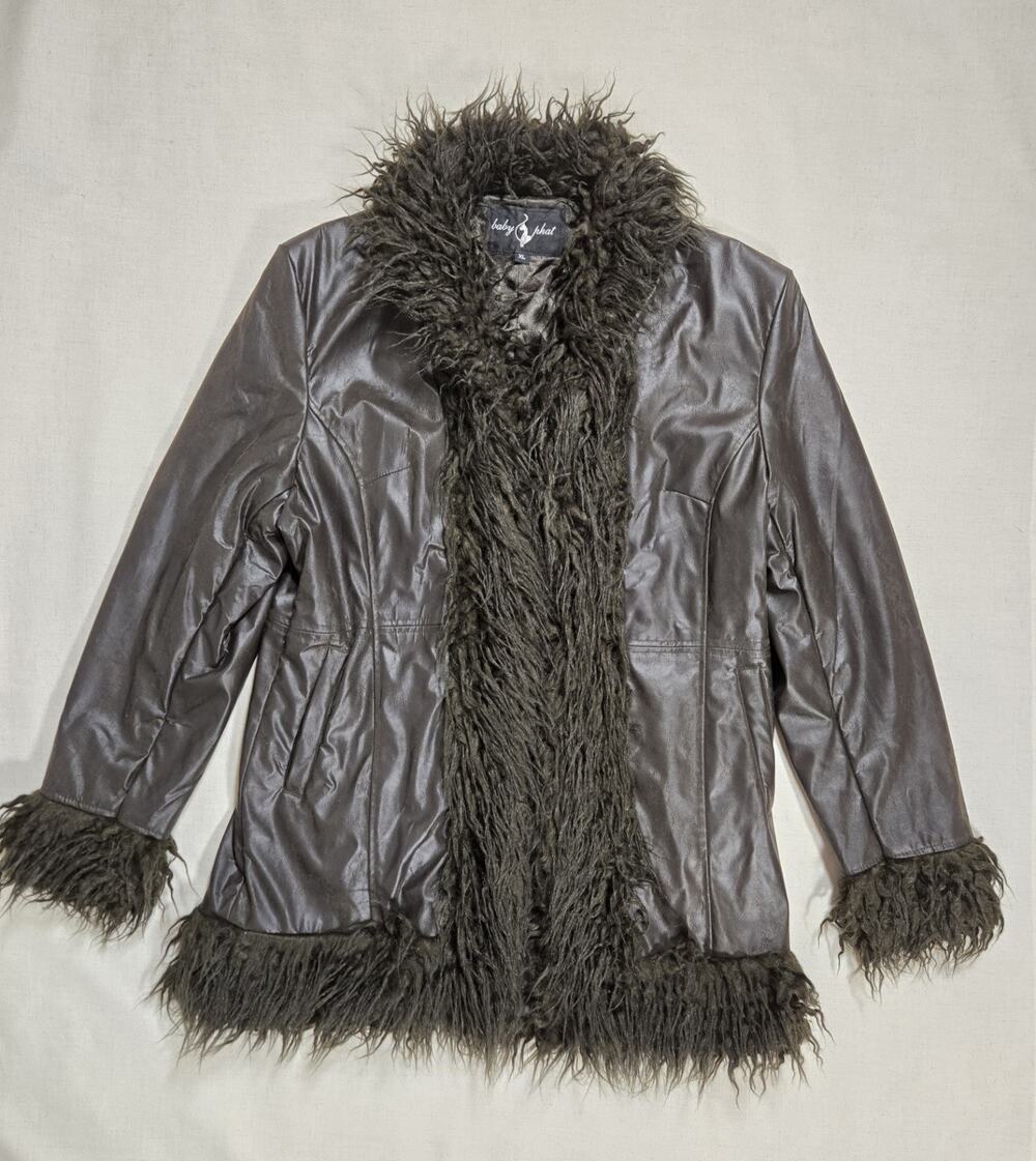Vintage Baby Phat Faux Leather Fur Jacket Brown Y2K Shaggy Trim Size XL